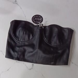 Vivid Black Strapless Faux Leather Crop Top